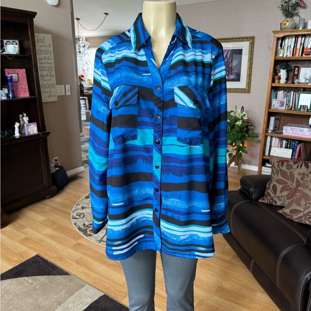 Elementz blue, green & black long sleeve blouse-size 1X